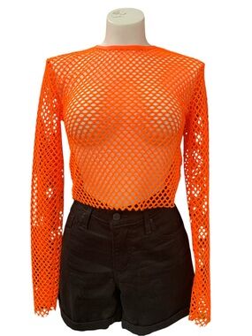 Forever 21 Neon Orange Fishnet Long Sleeve Crop Top Size M